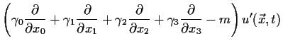 $\displaystyle \left(\gamma _0 \frac{\partial }{ \partial x_0}+
\gamma _1 \frac{...
...partial x_2}
+ \gamma _3 \frac{\partial }{\partial x_3} -m \right)u'(\vec x, t)$